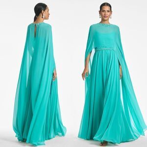 Sachin & Babi NEW Lavinia Sheer Chiffon Cape Gown in Bahama Blue $1,095 - Size 6